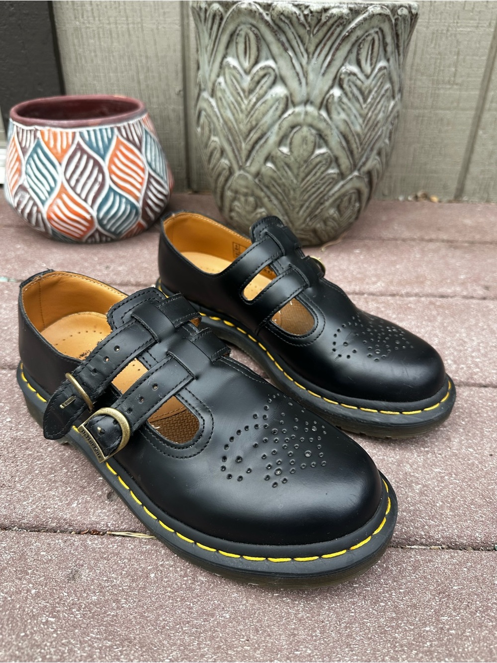 Dr. Martens Black Leather Mary Jane Flats with Yellow Stitching
